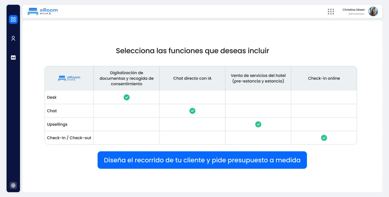 Painel de configuração de módulos do eRoom Butler