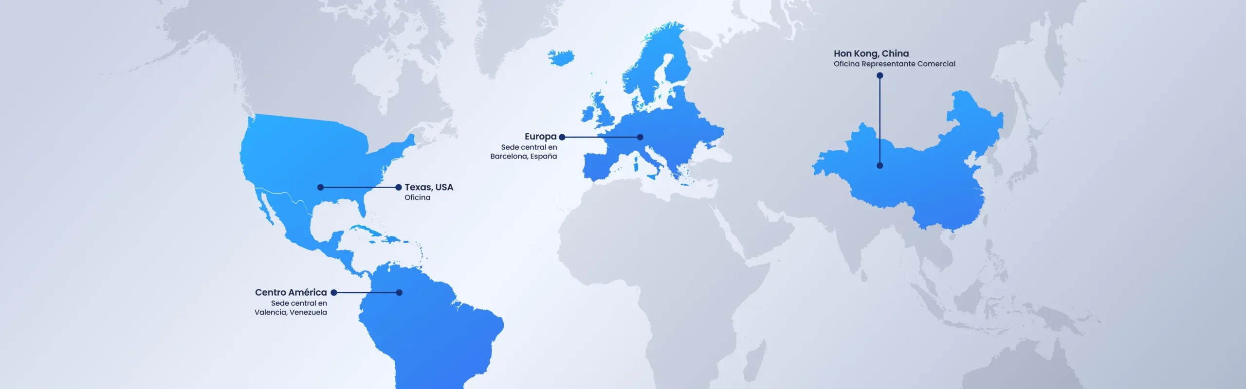 Mapa con las oficinas de eRoom Suite: Barcelona, Valencia (Venezuela), Texas y Hong Kong