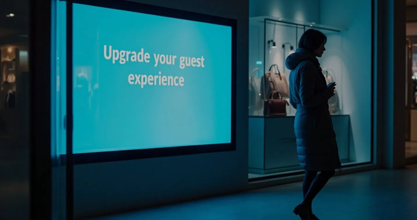 Digital signage screen in a hotel lobby