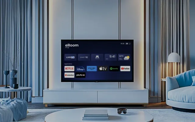 Habitación de hotel con eRoom TV en pantalla