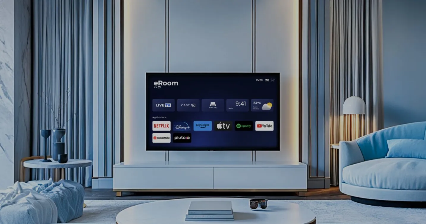 Hotel room with eRoom TV on screen